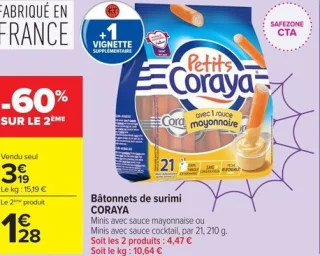 Bâtonnets de surimi CORAYA Minis avec sauce mayonnaise ou Minis avec sauce cocktail, par 21, 210 g