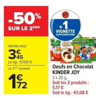Oeufs en Chocolat KINDER JOY 3 x 20 g