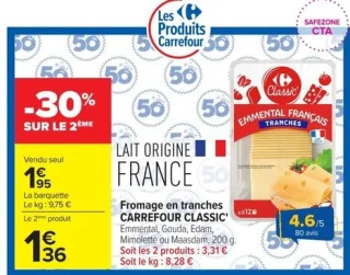 Fromage en tranches CARREFOUR CLASSIC' Emmental, Gouda, Edam, Mimolette ou Maasdam