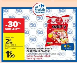 Bonbons tendres Fruit'z CARREFOUR CLASSIC' Citron, Orange, Framboise et Cerise, 500 g.