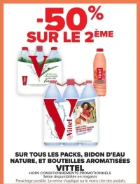 Packs, bidon d'eau nature, et bouteilles aromatisées Vittel