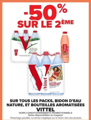 Packs, bidon d'eau nature, et bouteilles aromatisées Vittel