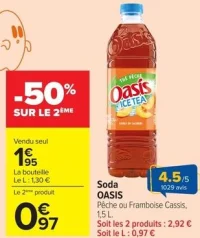 Soda OASIS Pêche ou Framboise Cassis, 1,5 L