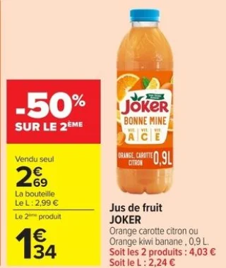 Jus de fruit JOKER Orange carotte citron ou Orange kiwi banane, 0,9 L