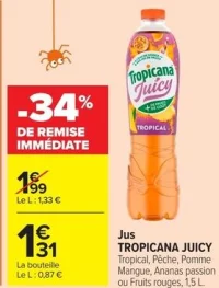 Jus TROPICANA JUICY Tropical, Pêche, Pomme Mangue, Ananas passion ou Fruits rouges, 1,5 L