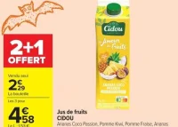 Jus de fruits CIDOU Ananas Coco Passion, Pomme Kiwi, Pomme Fraise, Ananas Goyave, Fruit du Dragon Goyave ou Pêche Cerise, 1 L