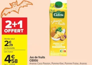 Jus de fruits CIDOU Ananas Coco Passion, Pomme Kiwi, Pomme Fraise, Ananas Goyave, Fruit du Dragon Goyave ou Pêche Cerise, 1 L