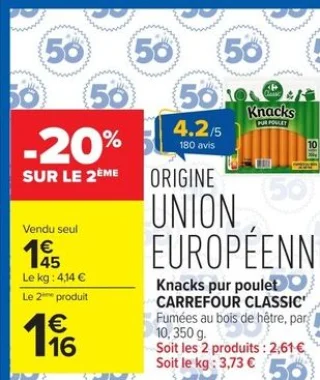 Knacks pur poulet Carrefour Classic'