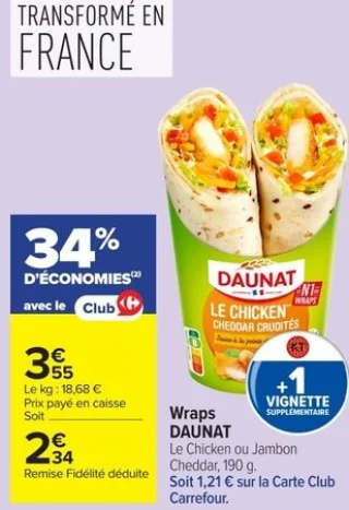 Wraps Daunat Le Chicken ou Jambon Cheddar