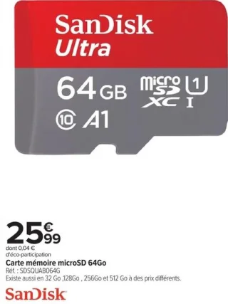 Carte mémoire microSD 64Go SanDisk Ultra