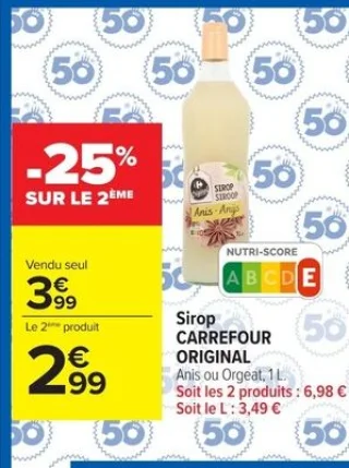 Sirop CARREFOUR ORIGINAL Anis ou Orgeat