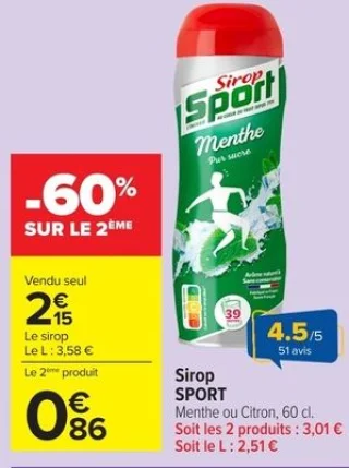 Sirop Menthe ou Citron Sirop Sport