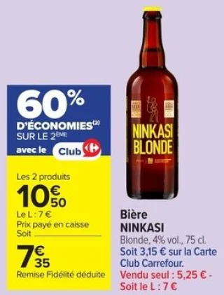 Bière NINKASI Blonde, 4% vol., 75 cl.