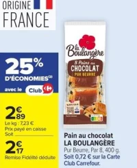 Pain au chocolat LA BOULANGÈRE Pur Beurre, Par 8, 400 g.