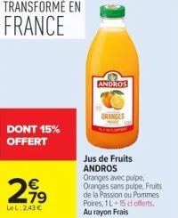 Jus de Fruits ANDROS Oranges avec pulpe, Oranges sans pulpe, Fruits de la Passion ou Pommes Poires, 1 L + 15 cl offerts