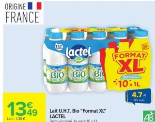 Lait U.H.T. Bio "Format XL" LACTEL Demi-écrémé
