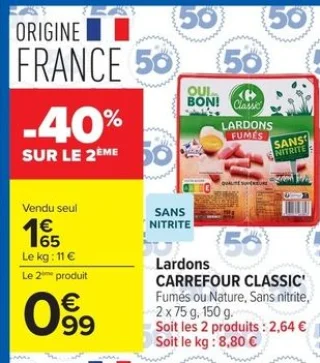 Lardons CARREFOUR CLASSIC' Fumés ou Nature