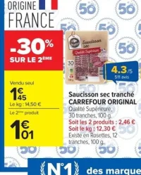 Saucisson sec tranché CARREFOUR ORIGINAL Qualité Supérieure