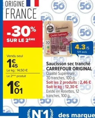 Saucisson sec tranché CARREFOUR ORIGINAL Qualité Supérieure
