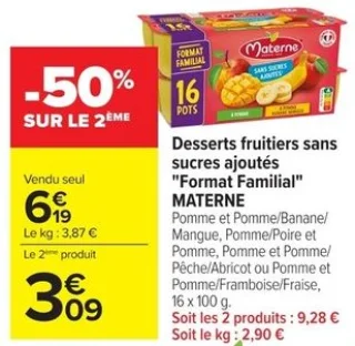Desserts fruitiers sans sucres ajoutés "Format Familial" MATERNE