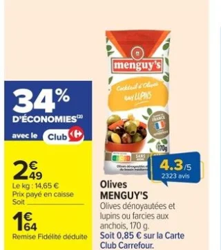Olives dénoyautées et lupins ou farcies aux anchois Menguy's