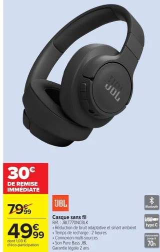 Casque sans fil JBL JBLT770NCBLK