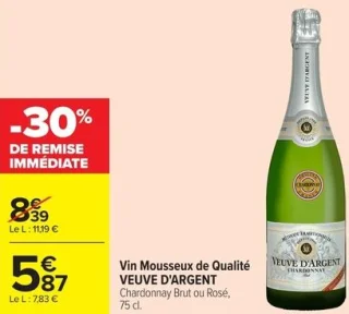 Vin Mousseux de Qualité VEUVE D'ARGENT Chardonnay Brut ou Rosé, 75 cl.