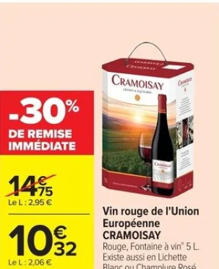 Vin rouge de l'Union Européenne CRAMOISAY Fontaine à vin 5 L.