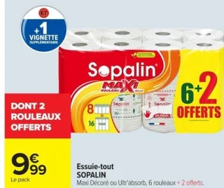 Essuie-tout SOPALIN Maxi Décoré ou Ultr'absorb, 6 rouleaux + 2 offerts.