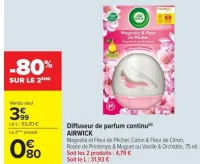 Diffuseur de parfum continu AIRWICK Magnolia et Fleur de Pêcher, Coton & Fleur de Citron, Rosée de Printemps & Muguet ou Vanille & Orchidée, 75 ml.