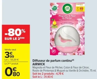 Diffuseur de parfum continu AIRWICK Magnolia et Fleur de Pêcher, Coton & Fleur de Citron, Rosée de Printemps & Muguet ou Vanille & Orchidée, 75 ml.