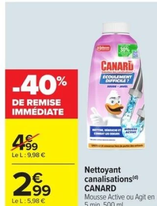 Nettoyant canalisations CANARD Mousse Active ou Agit en 5 min, 500 ml.