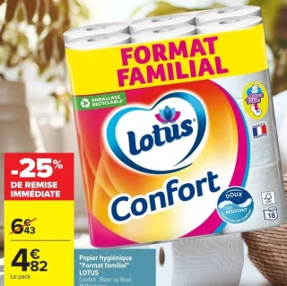 Papier hygiénique "Format familial" LOTUS Confort: Blanc ou Rose, 18 Rouleaux.