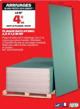 Plaque BA13 Hydro 2,5 x 1,2 m NF