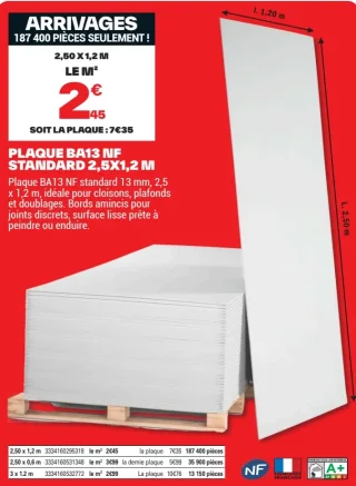 Plaque BA13 NF Standard 2,5x1,2 m