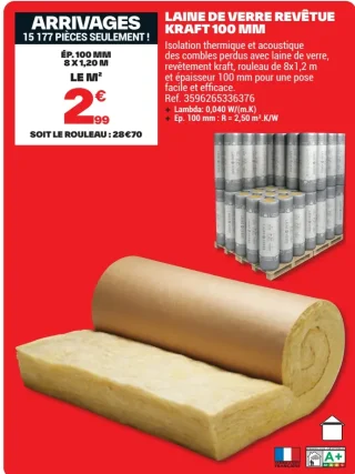 Laine de verre revêtue Kraft 100 mm
