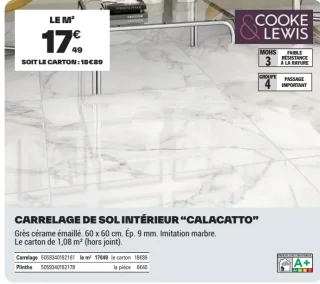 Carrelage de sol intérieur "Calacatto" Cooke & Lewis