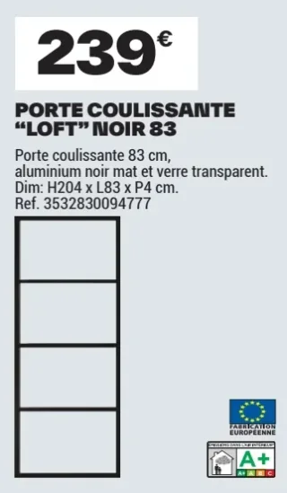 Porte coulissante "LOFT" noir 83