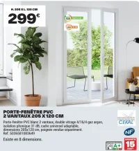 PORTE-FENÊTRE PVC 2 VANTAUX 205 X 120 CM