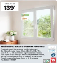 FENÊTRE PVC BLANC 2 VANTAUX 75X100 CM