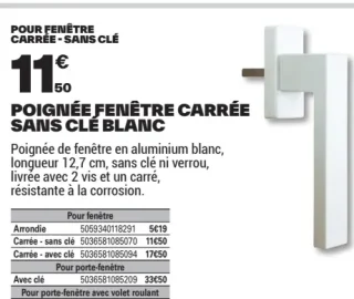 Poignée fenêtre carrée sans clé blanc