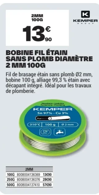 Bobine fil étain sans plomb 2 mm 100g Kemper