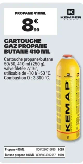 Cartouche gaz propane butane 410 ml Kemper
