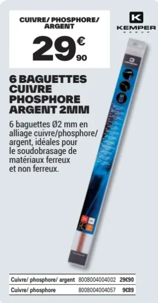6 baguettes cuivre phosphore argent 2 mm Kemper