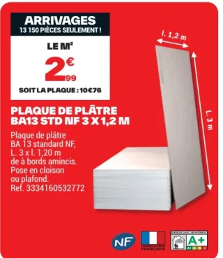 Plaque de plâtre BA13 STD NF 3 x 1,2 m Planodis