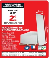 Plaque de plâtre BA13 NF Standard 2,5 x 1,2 m Planodis