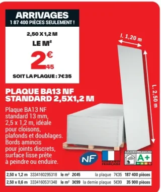 Plaque de plâtre BA13 NF Standard 2,5 x 1,2 m Planodis