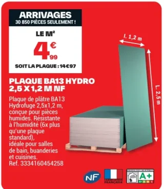 Plaque de plâtre hydrofuge BA13 Hydro 2,5 x 1,2 m NF Planodis