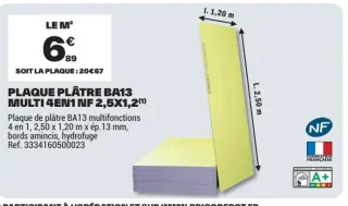 Plaque de plâtre BA13 Multi 4en1 NF 2,5 x 1,2 m Planodis