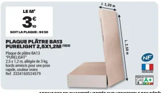 Plaque de plâtre BA13 Purelight 2,5 x 1,2 m Planodis